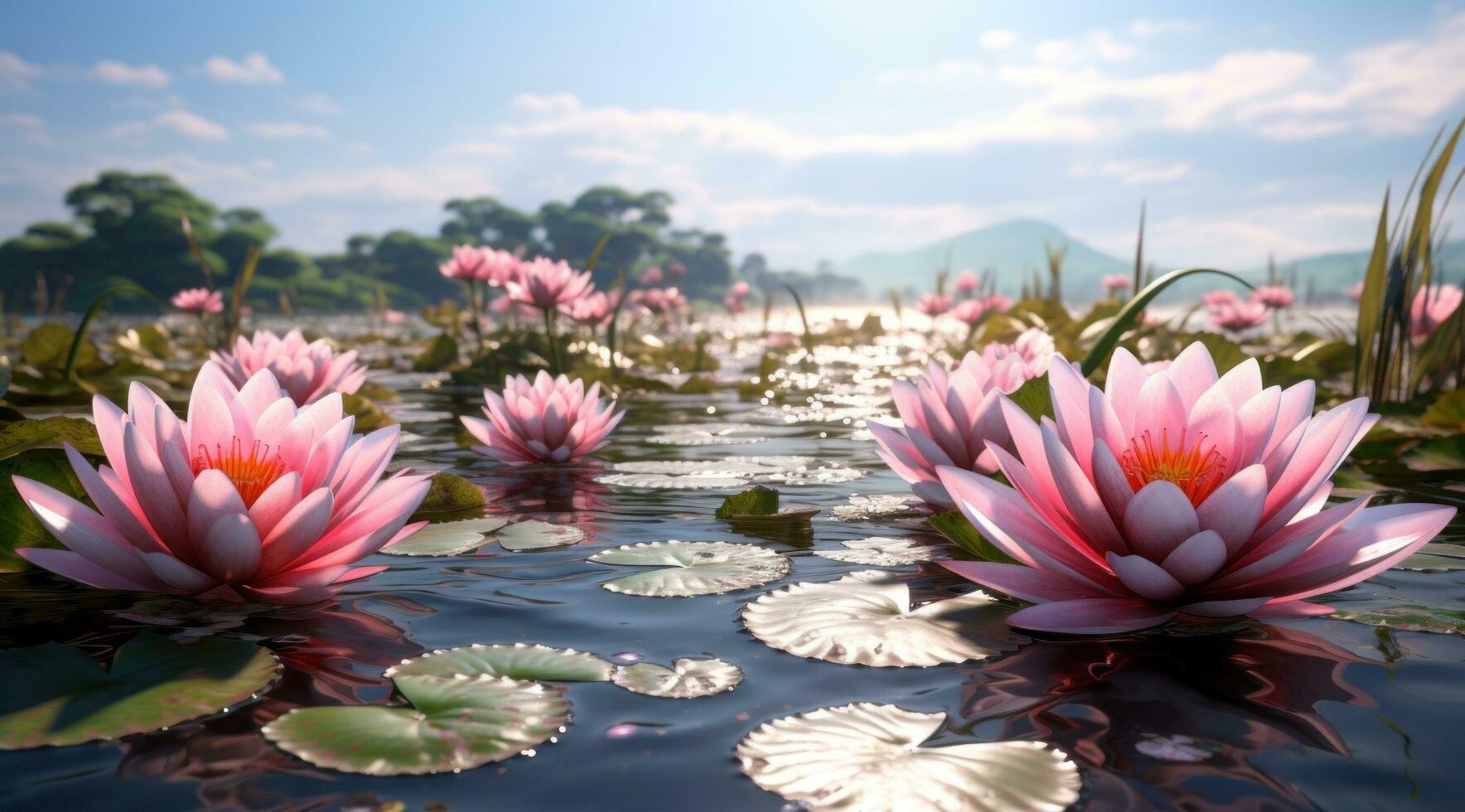 AI generated water lilies in the sun over pink flowers photo