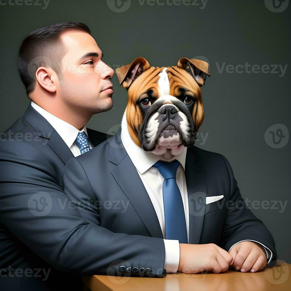 AI generated Businessman with an English bulldog dog head in a suit. Isolated background. Anthropomorphic animals. photo