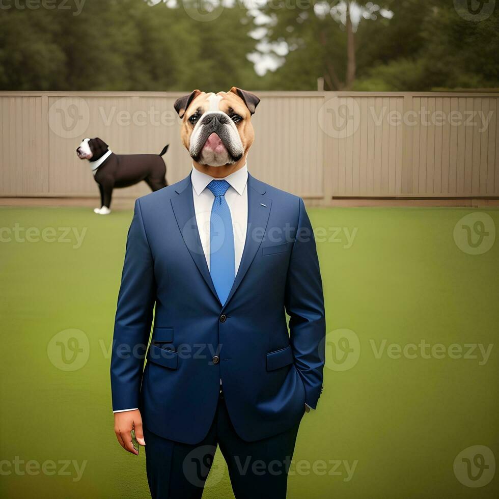 AI generated Businessman with an English bulldog dog head in a suit. Isolated background. Anthropomorphic animals. photo