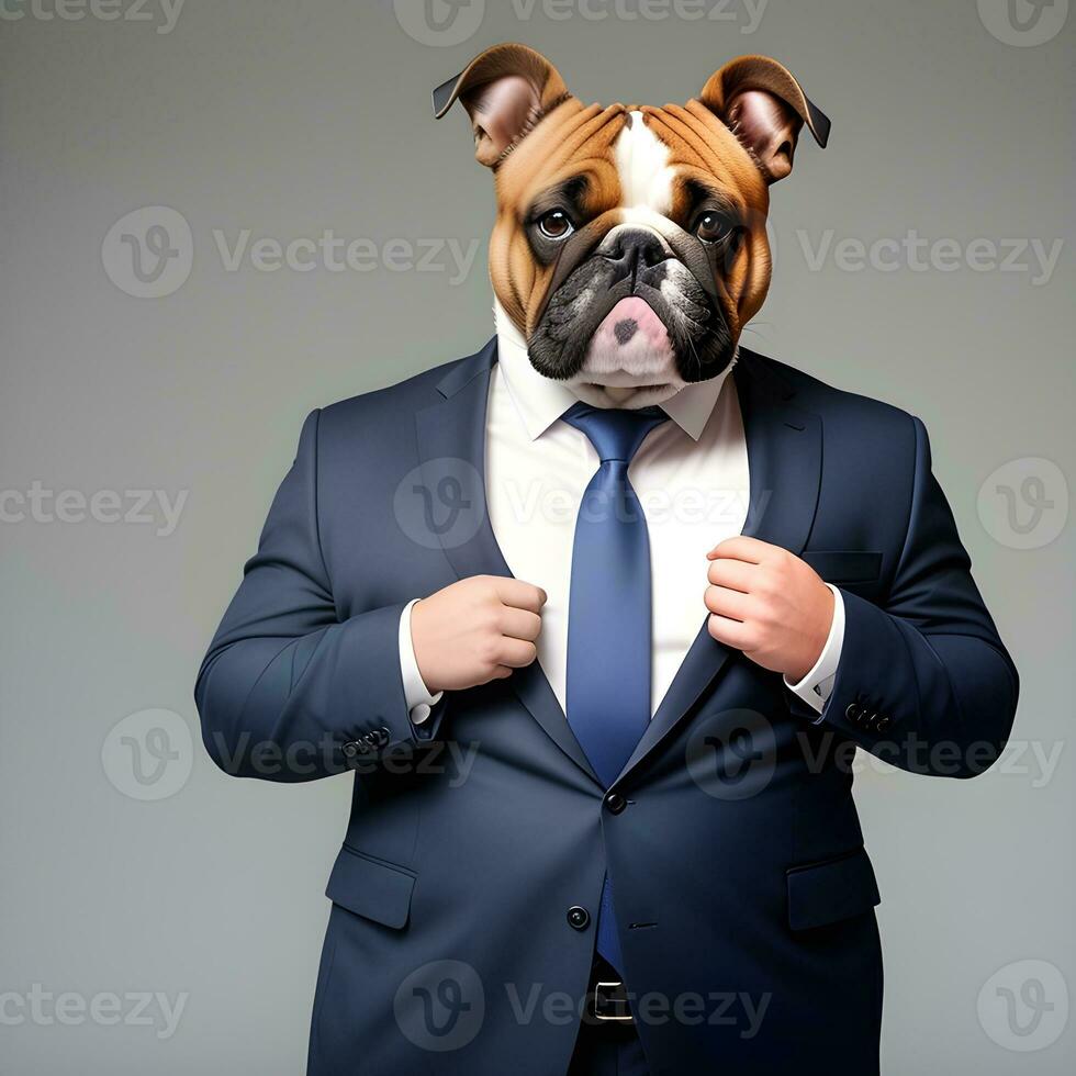 AI generated Businessman with an English bulldog dog head in a suit. Isolated background. Anthropomorphic animals. photo