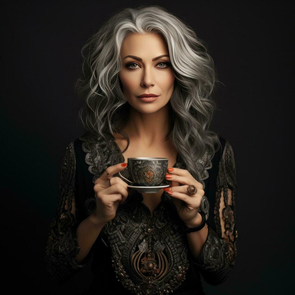 AI generated a 40 year old woman with grey hair holding a cup and coffee, photo