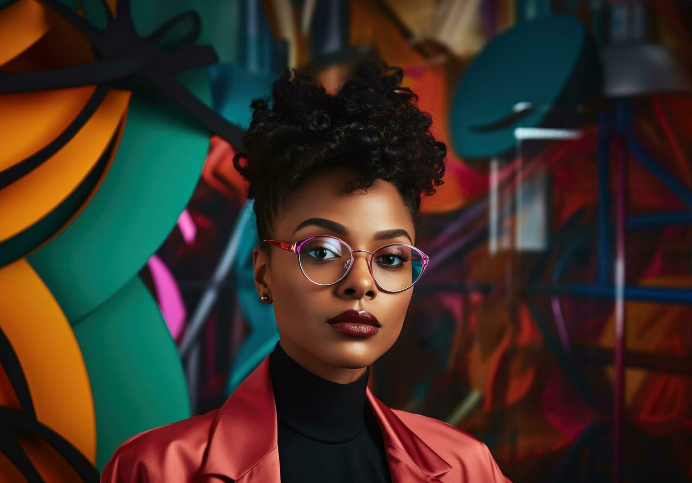 AI generated a black woman in glasses is posing with a brightly colored background, photo