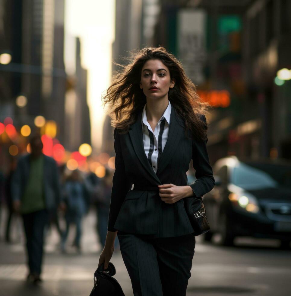 AI generated a business woman in a business suit walking down the street, photo