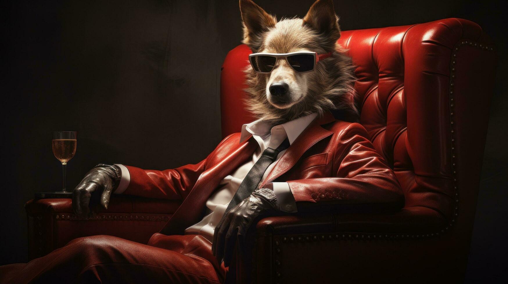 AI generated a dog wearing a suit, sunglasses and sitting in a chair, photo