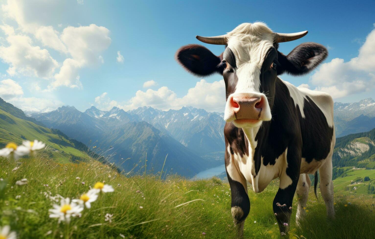 AI generated a cow is standing in a meadow in front of mountains, photo