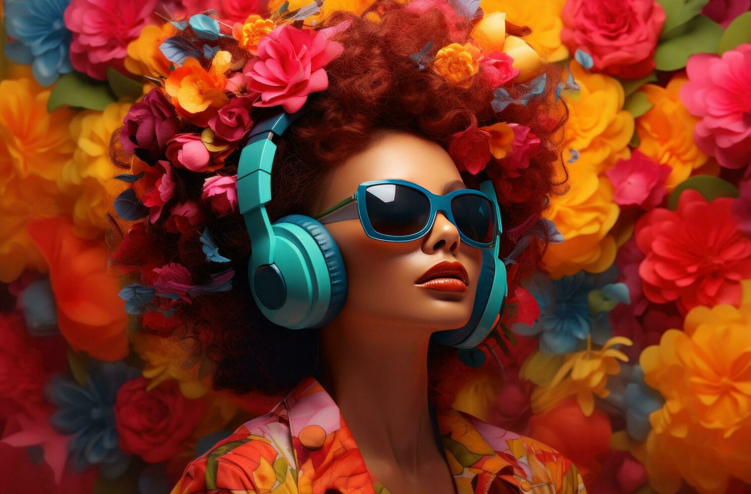 AI generated a lady with headphones on and colorful flowers, photo