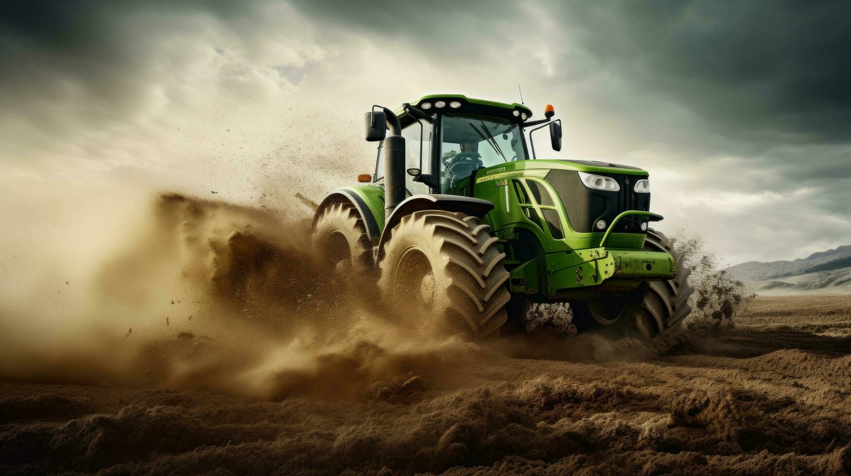 AI generated a green tractor plowing a field of dirt, photo