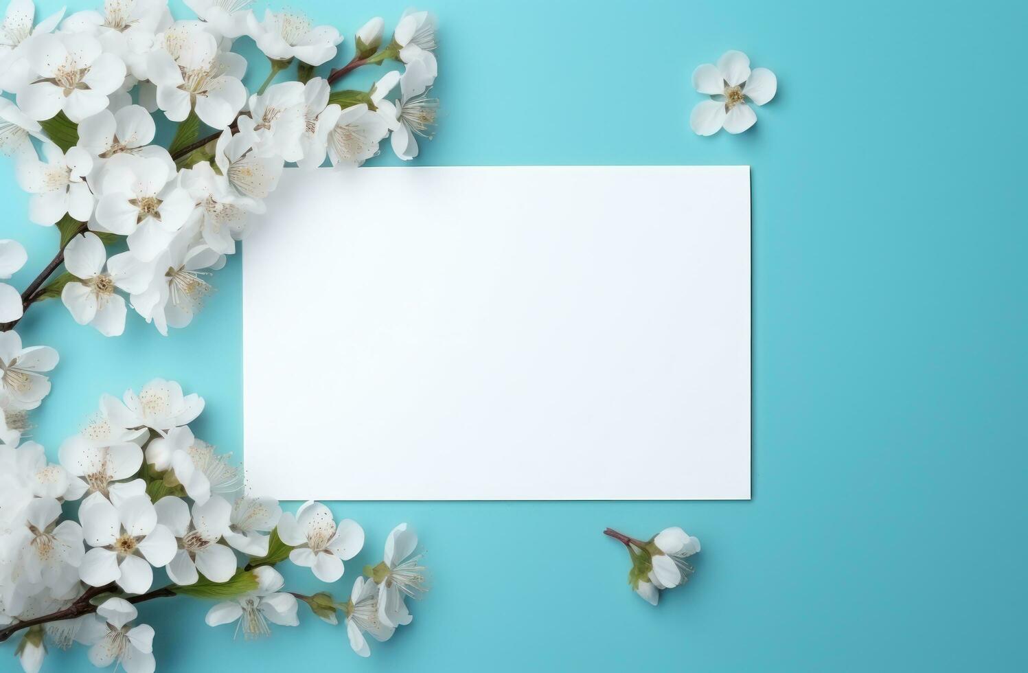 AI generated a rectangle frame with delicate white flower lays on a blue table, photo