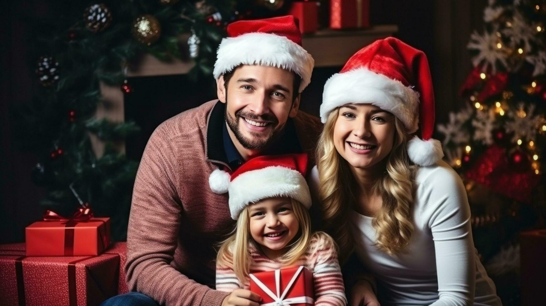 AI generated Happy family in Santa hats with gifts and decorations photo