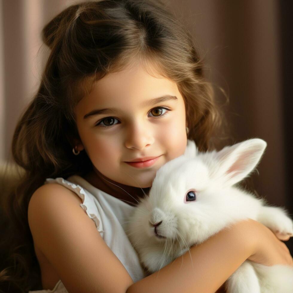 AI generated A young girl gently cradles a fluffy white bunny, both with peaceful expressions on their faces. photo