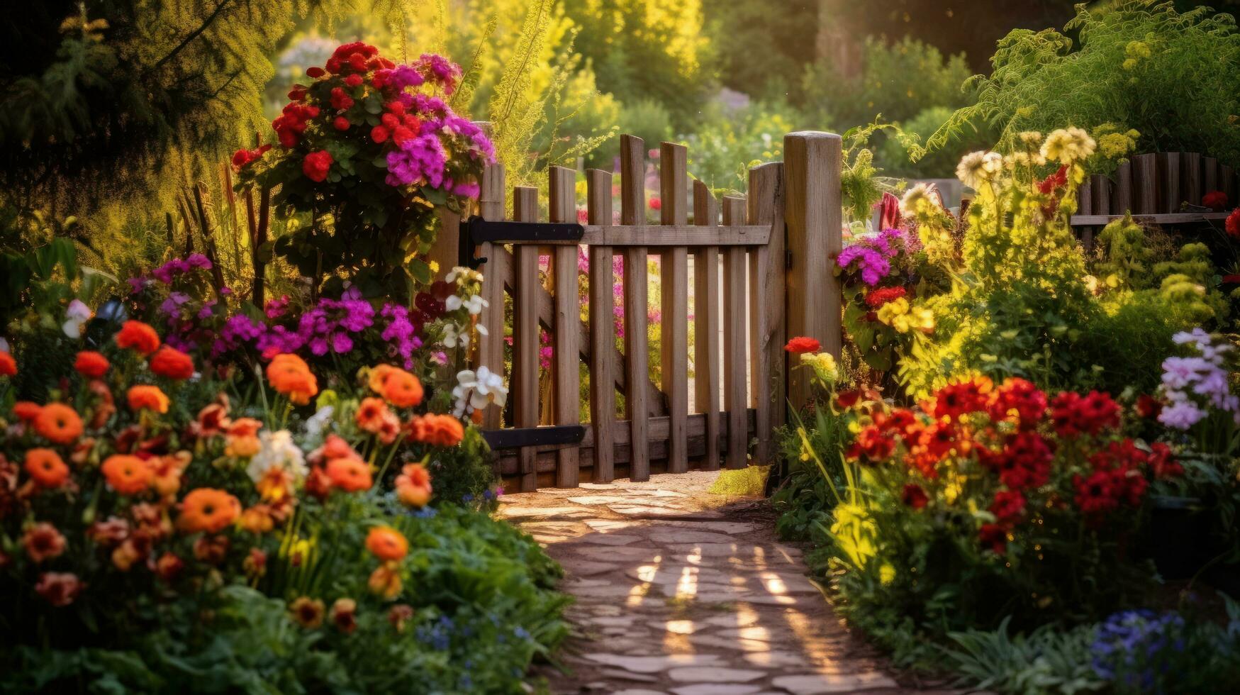 AI generated A picturesque spring garden with a rustic wooden gate and a variety of colorful flowers, photo