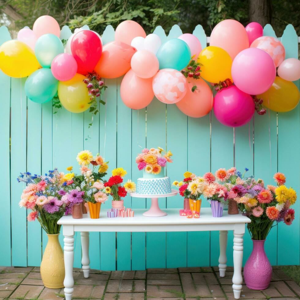 AI generated Blooming flowers and colorful balloons set the perfect backdrop photo