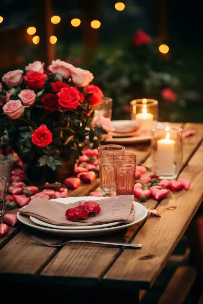 AI generated A rustic wooden table adorned with red and pink flowers, photo