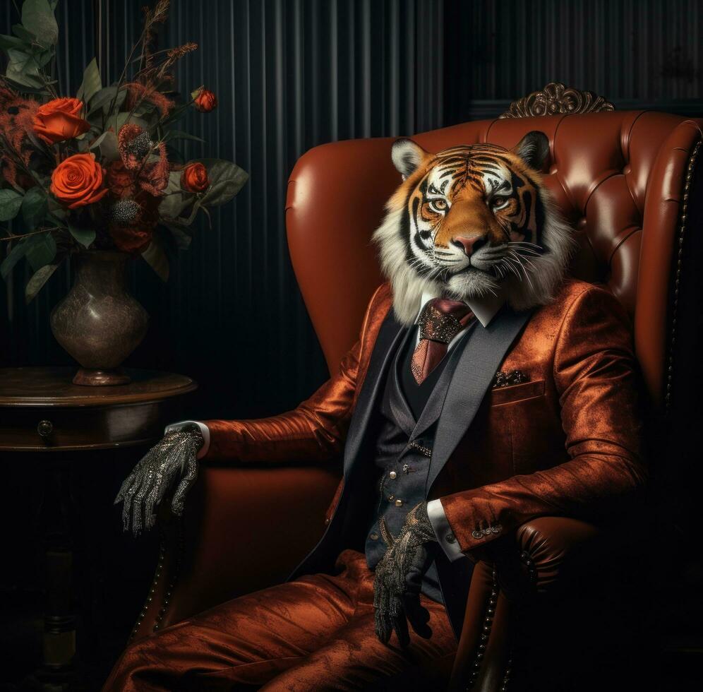 AI generated a tiger sitting in the suit and hat, photo