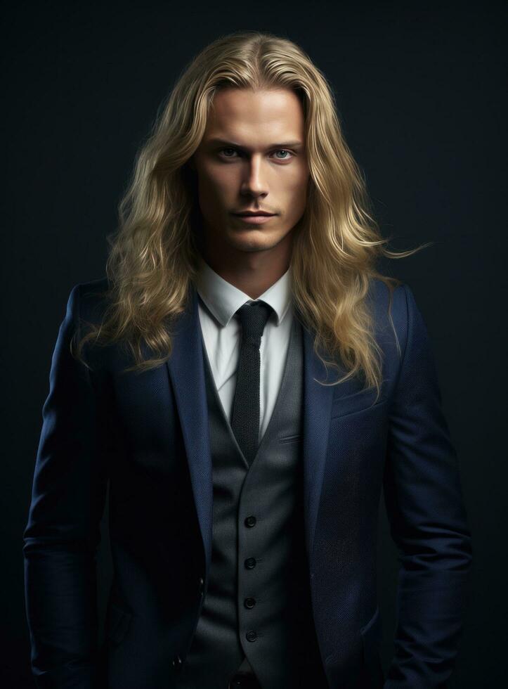 AI generated a man with long blonde hair and blue suit, photo