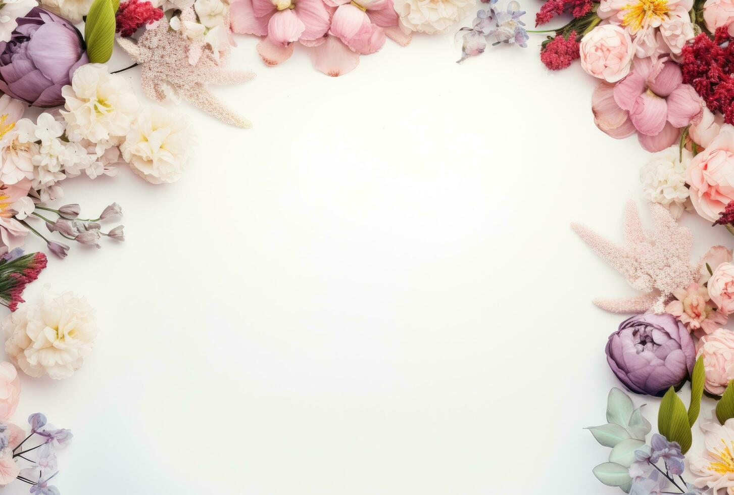 AI generated beautiful spring flowers arrangement on white paper copy space with flat lay, photo