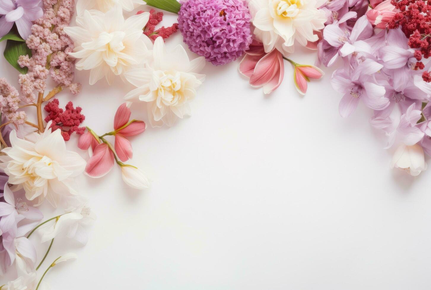 ai generado hermosa primavera flores arreglo en blanco papel Copiar espacio con plano poner, foto