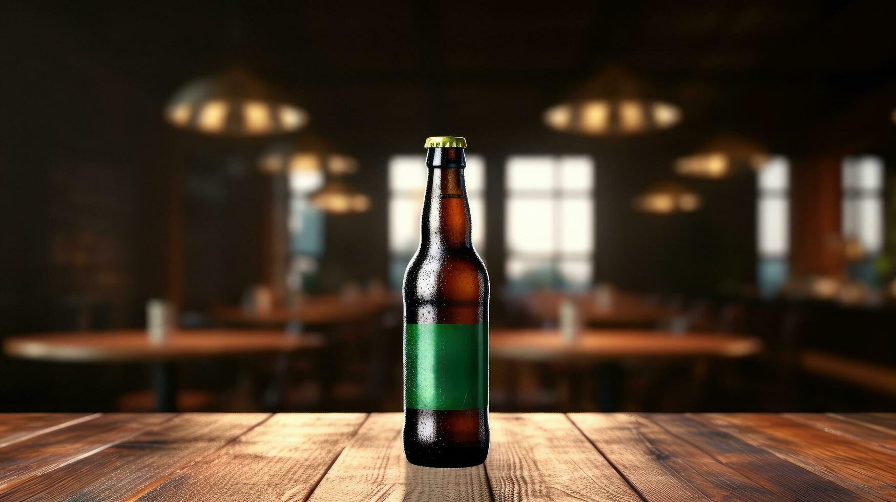 AI generated Beer bottle with blank front, realistic on a mockup template in a wooden table in a irish pub photo