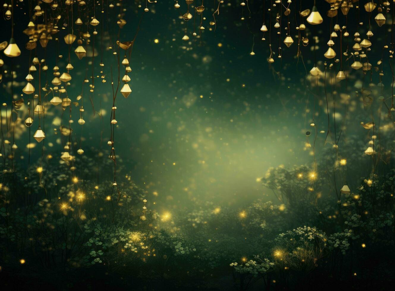 AI generated an elegant greenery background filled with gold lights, photo