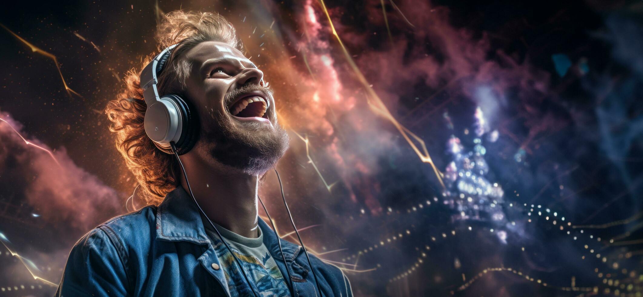 ai generado un hombre vistiendo auriculares es a un concierto con su cabeza arriba, foto