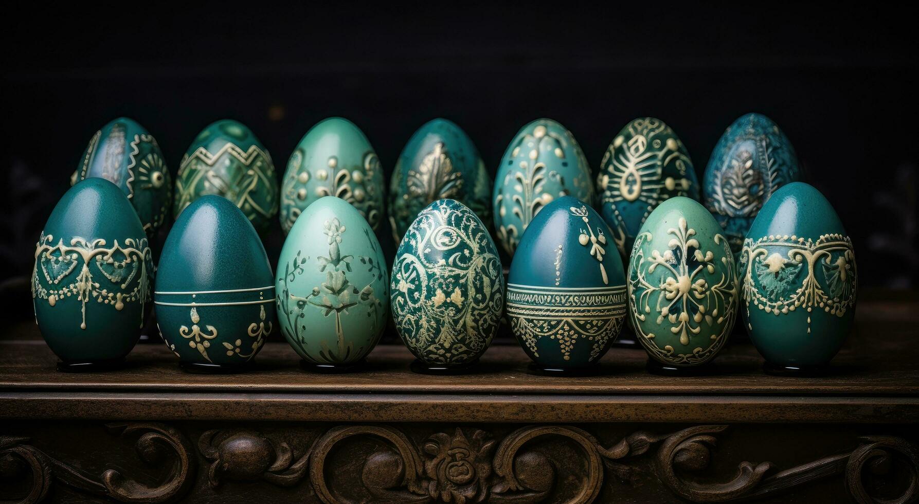 AI generated an array of green decorated eggs in a row, photo