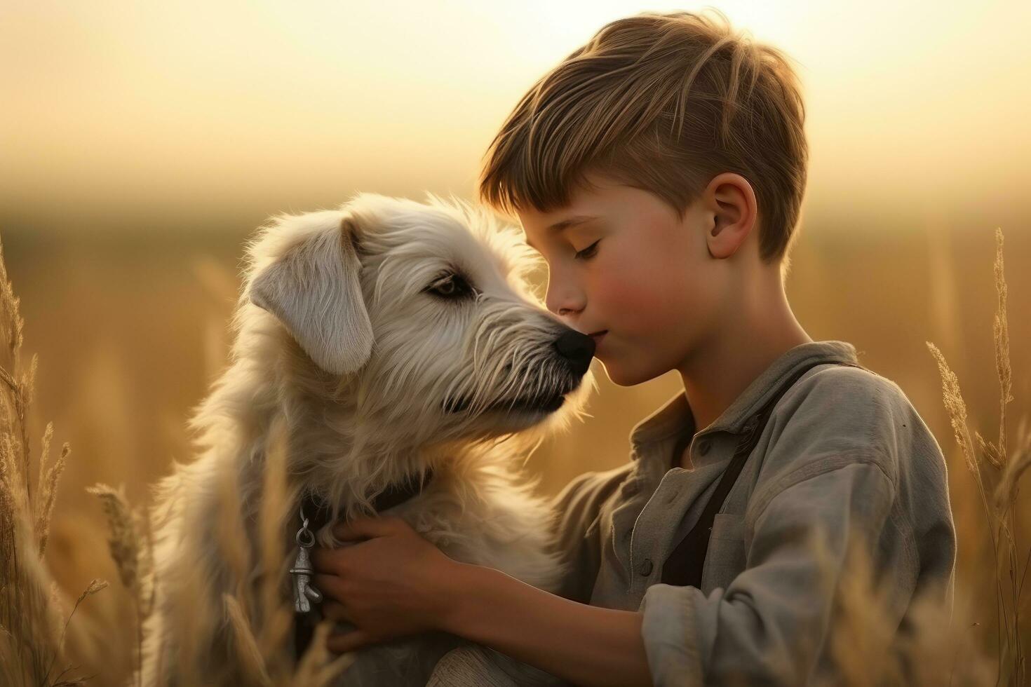 AI generated a young boy kisses his dog in the field, photo