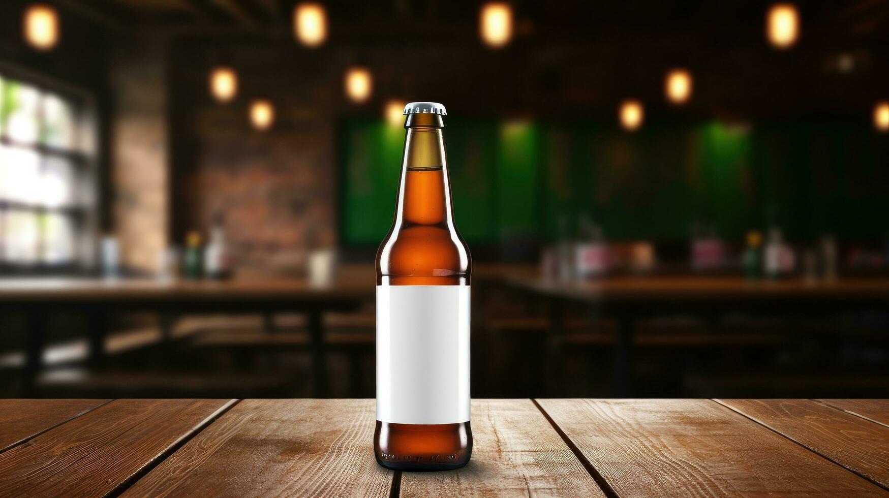 AI generated Beer bottle with blank front, realistic on a mockup template in a wooden table in a irish pub photo