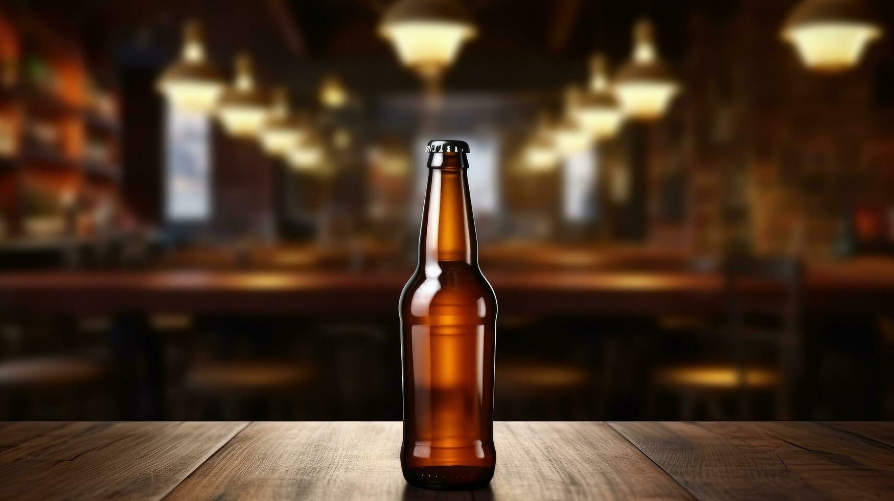 AI generated Beer bottle with blank front, realistic on a mockup template in a wooden table in a irish pub photo