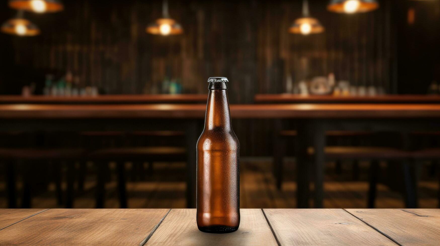 AI generated Beer bottle with blank front, realistic on a mockup template in a wooden table in a irish pub photo