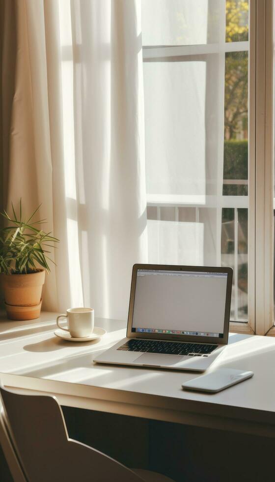 AI generated a white and white table with a laptop sits next to a window, photo