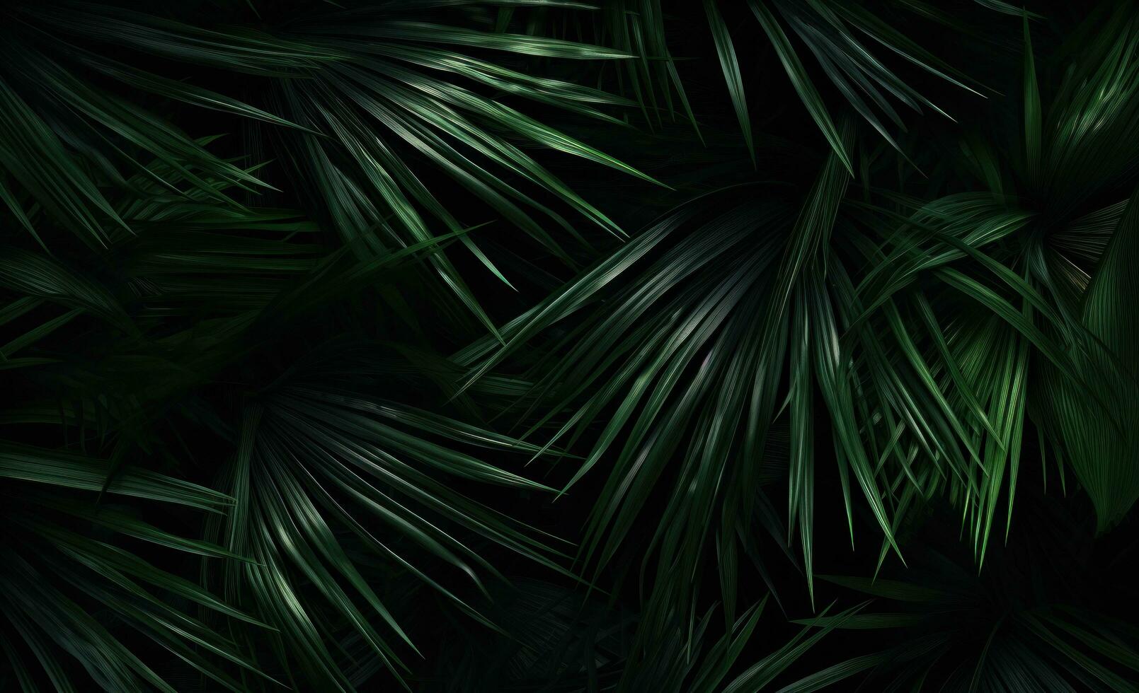 AI generated green palm leaves in a dark background, photo