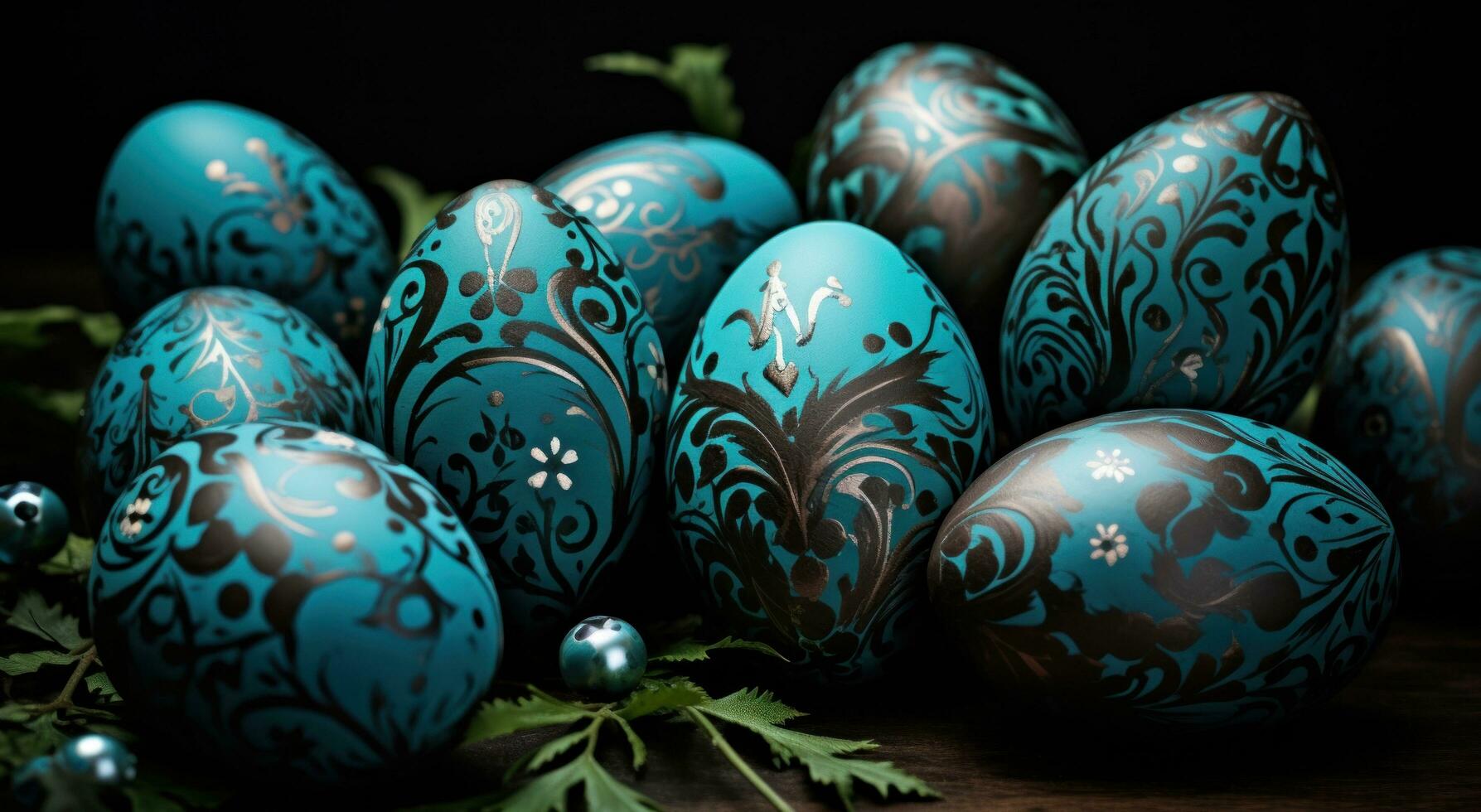 AI generated large group of green easter eggs with green decorations photo