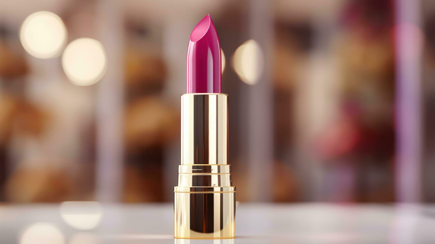 AI generated lipstick with blank front, realistic on a mockup template in a table in a luxury store photo