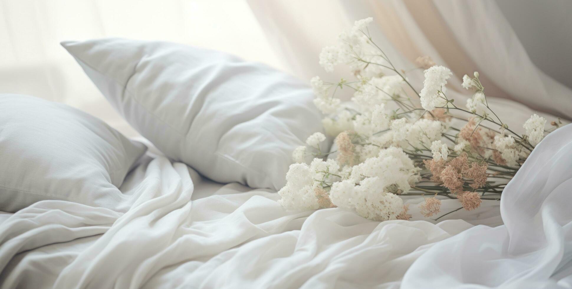 AI generated image of a bed with white blankets, photo