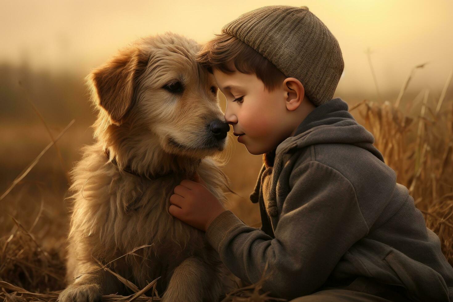 AI generated a young boy kisses his dog in the field, photo