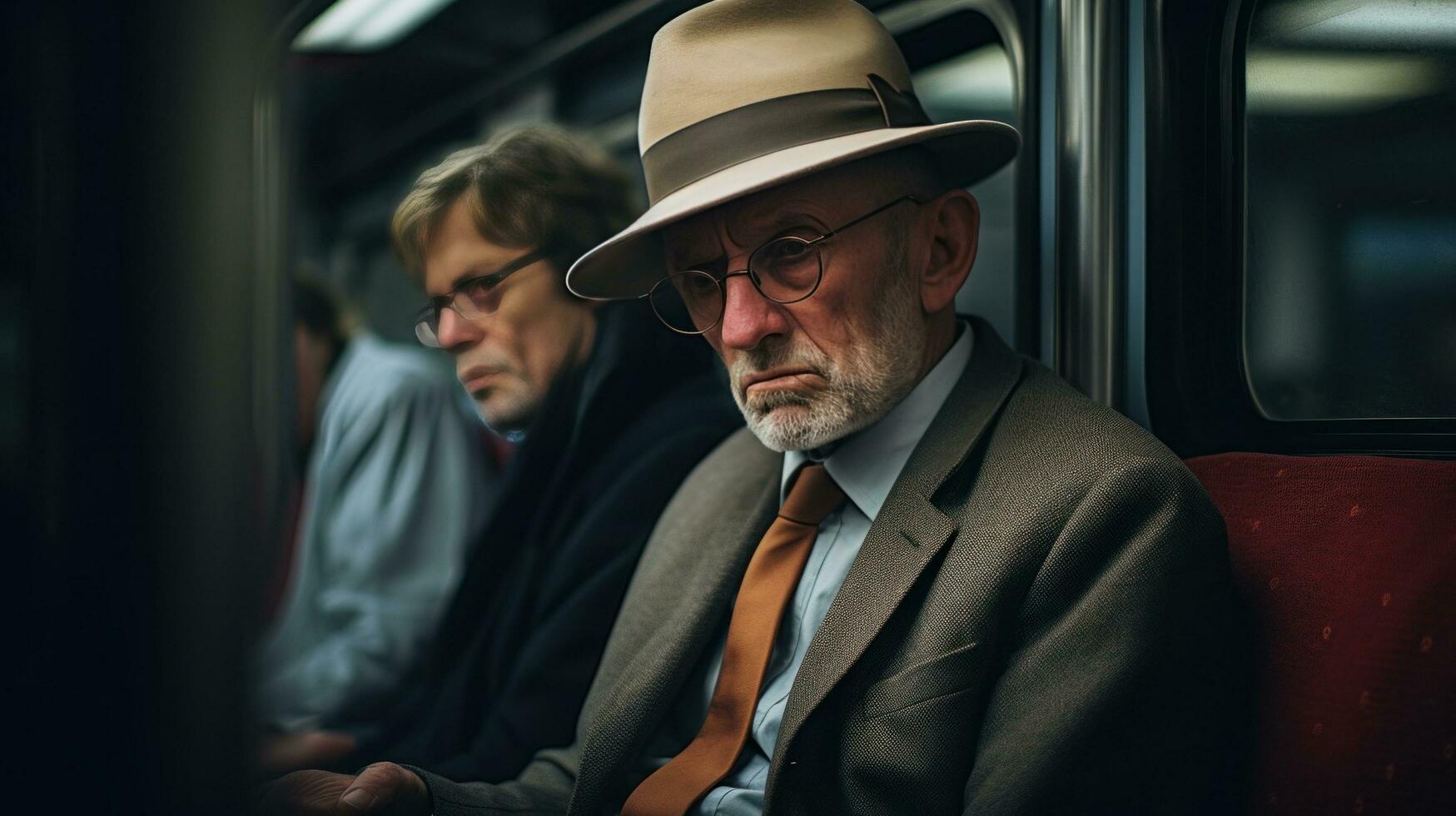 ai generado antiguo hombres en un tren y sombreros en su cabeza foto