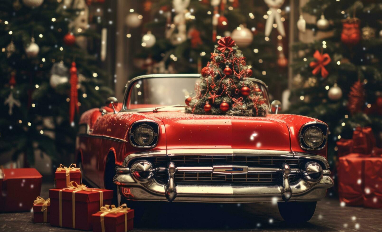 AI generated old fashion christmas with a red car tops the tree, photo
