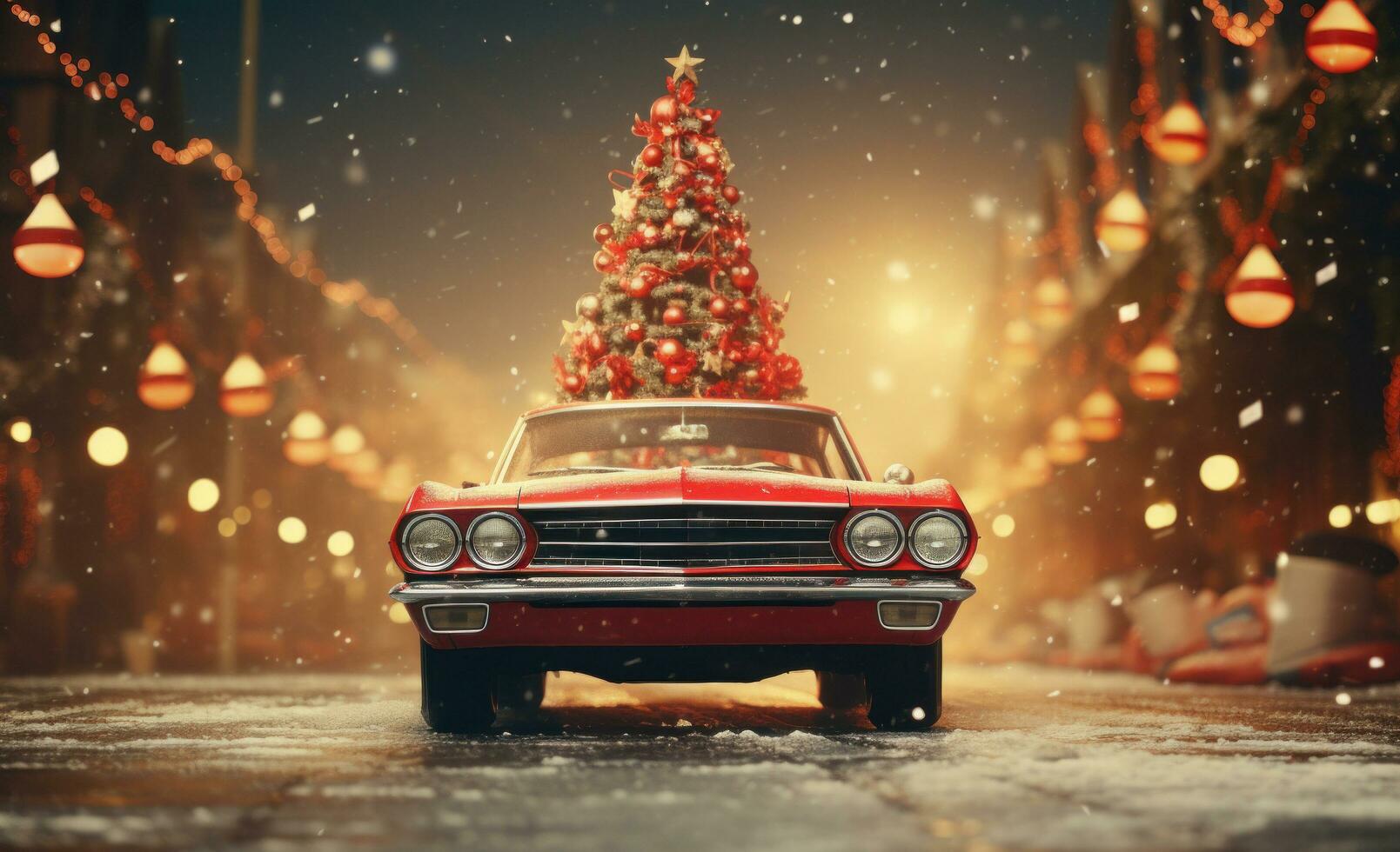 AI generated old fashion christmas with a red car tops the tree, photo