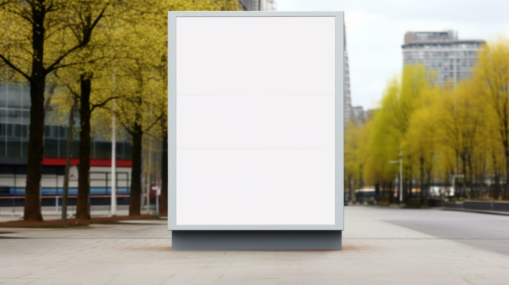 ai generado al aire libre publicidad con blanco frente realista en un Bosquejo modelo en un primavera calle de grande ciudad foto