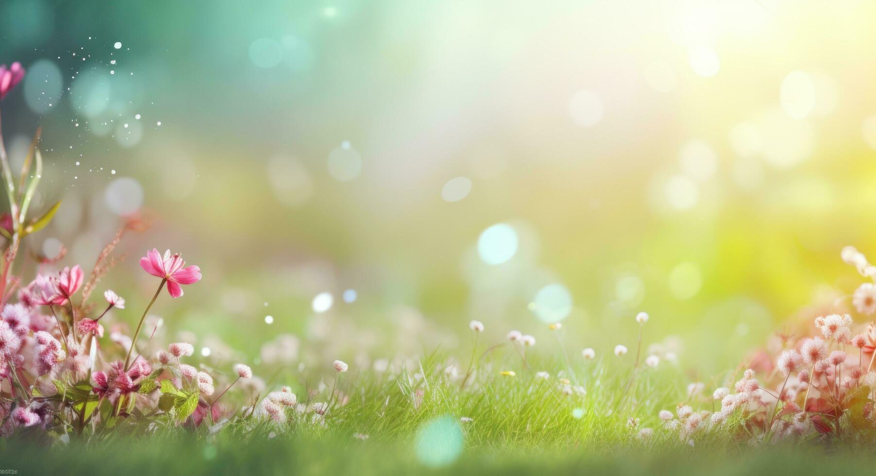 AI generated spring background of grass and flowers spring photo