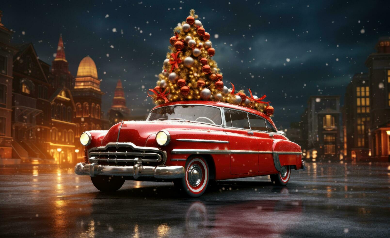 AI generated red road car with christmas tree on top, photo