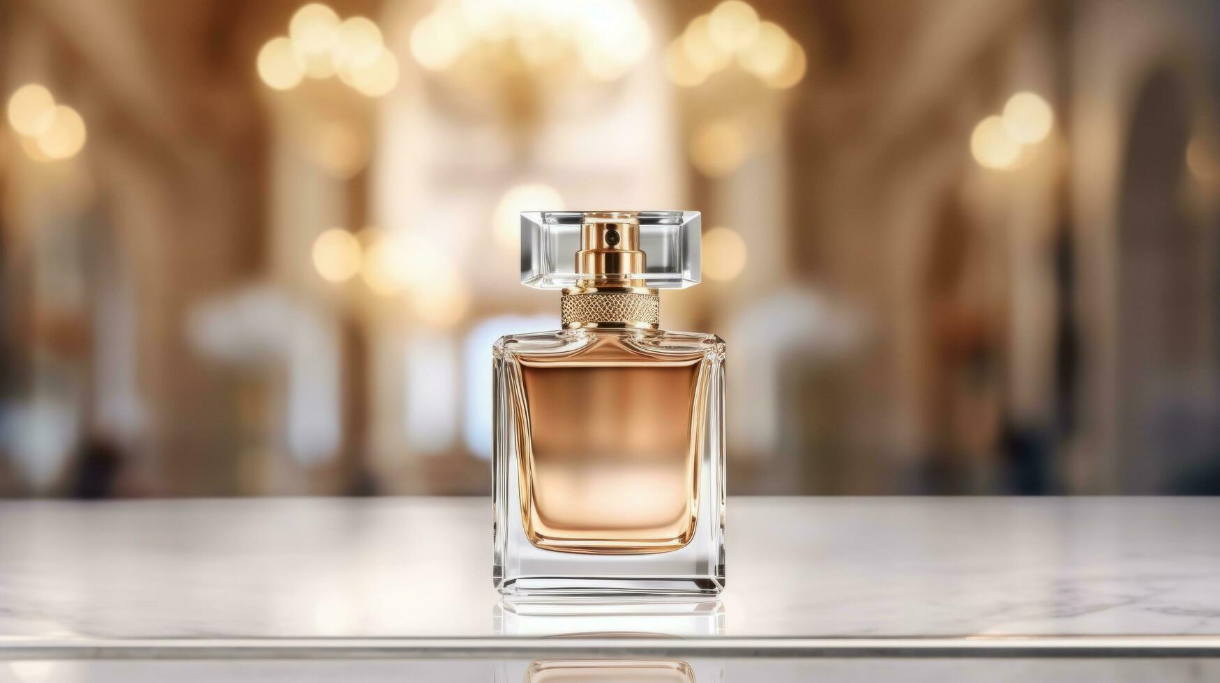 AI generated perfume bottle with blank front, realistic on a mockup template in a table in a luxury store photo