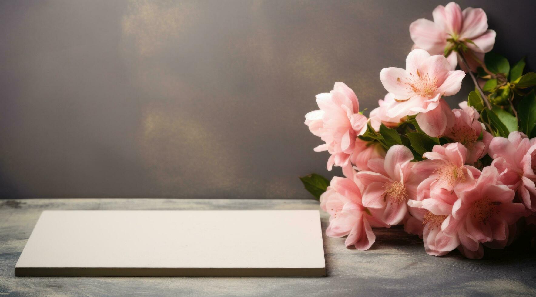 AI generated pretty flowers on concrete table with blank card, photo