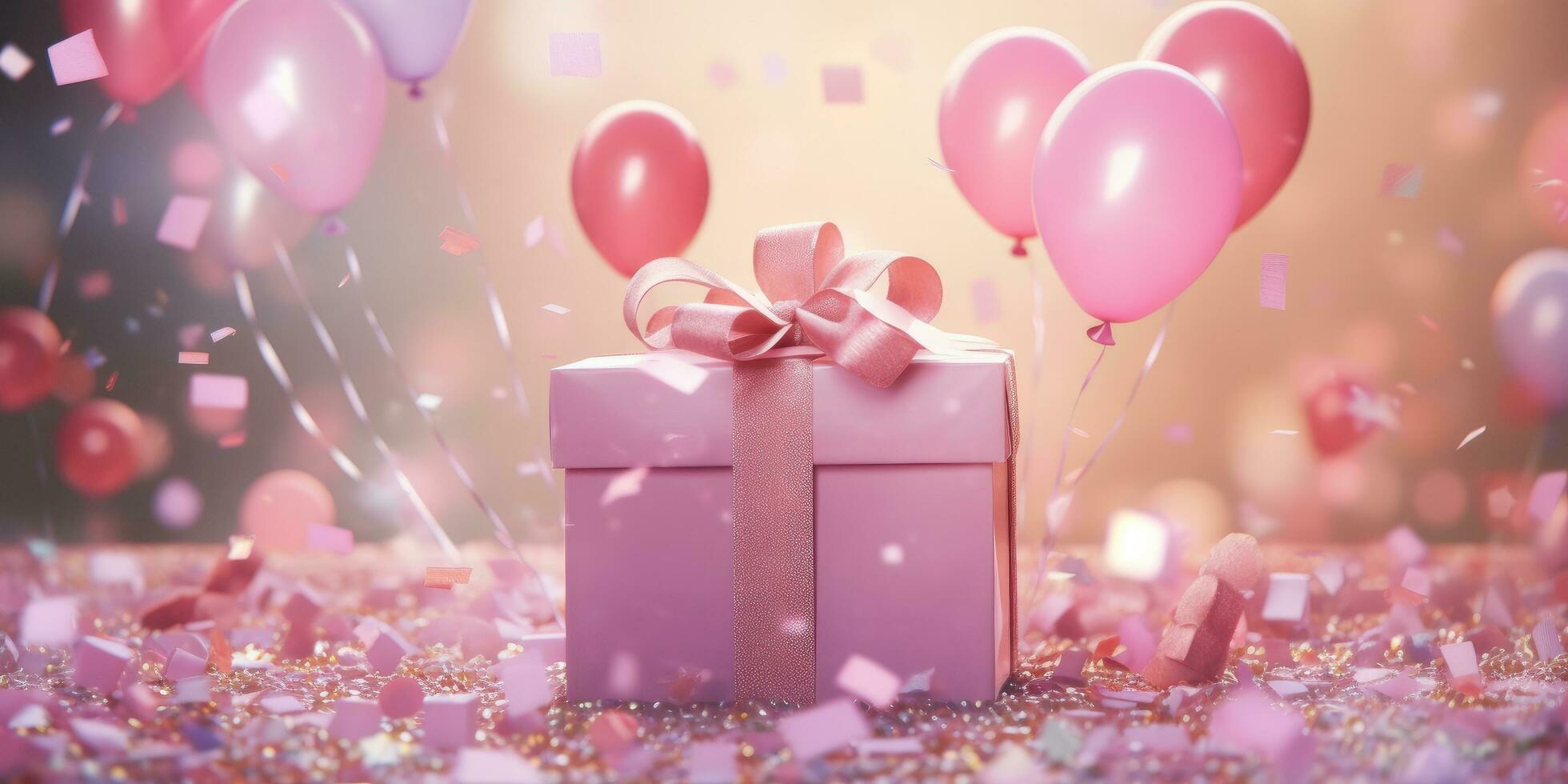 AI generated confettis and balloons surround a pink present, photo