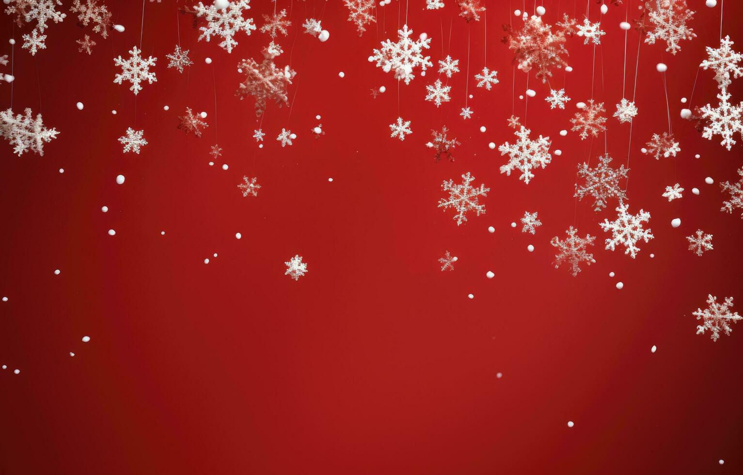 AI generated christmas snowflakes falling in red background with white snowflakes falling, photo