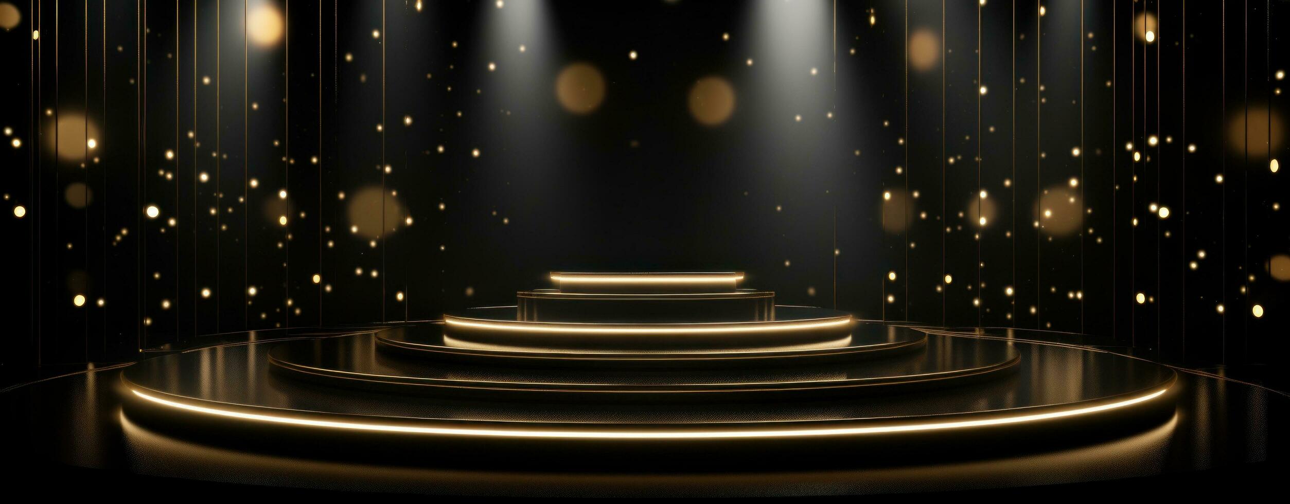 AI generated podium lit with golden lights on a black background, photo