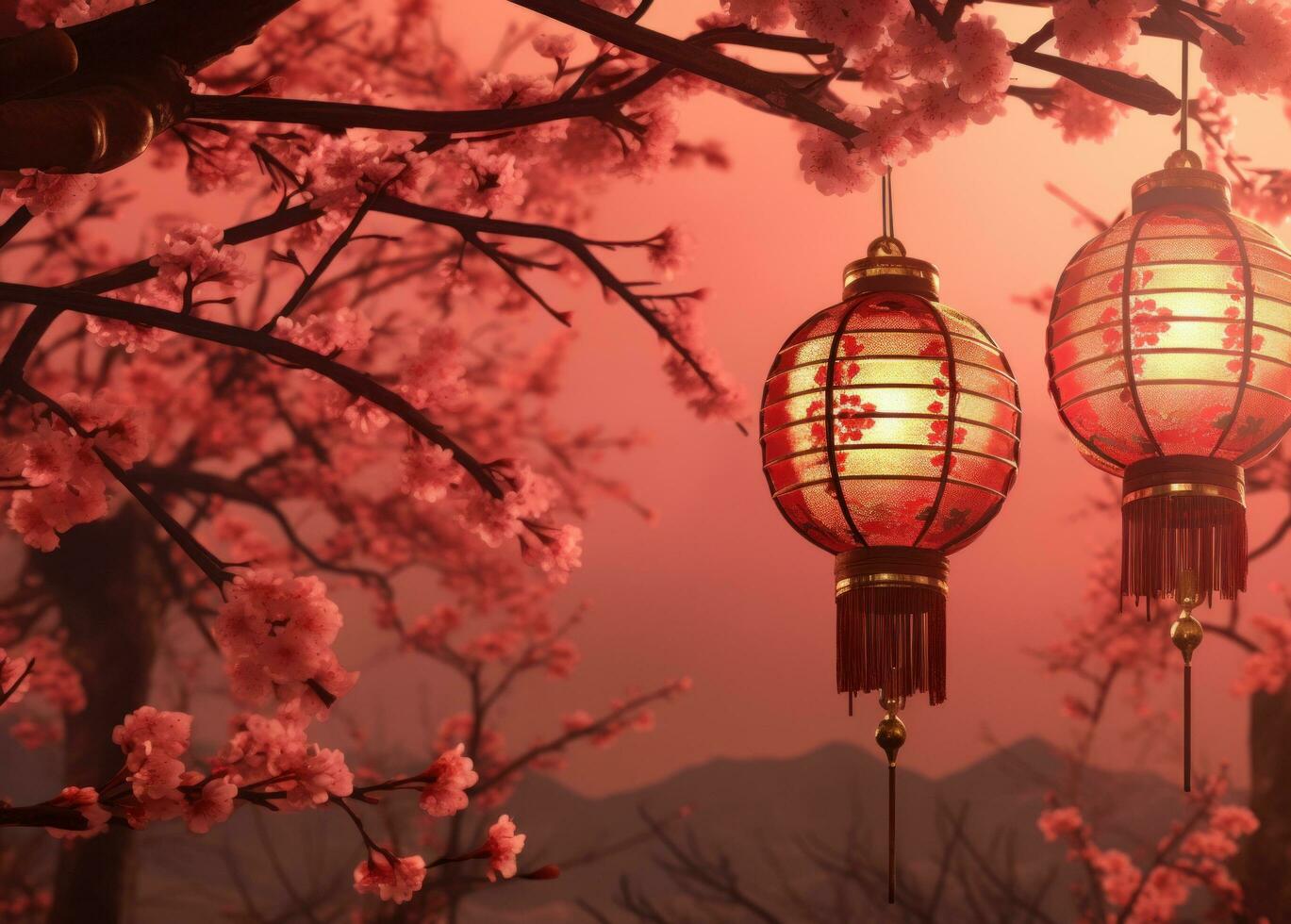 AI generated red lanterns from oriental lanterns with a red background, photo