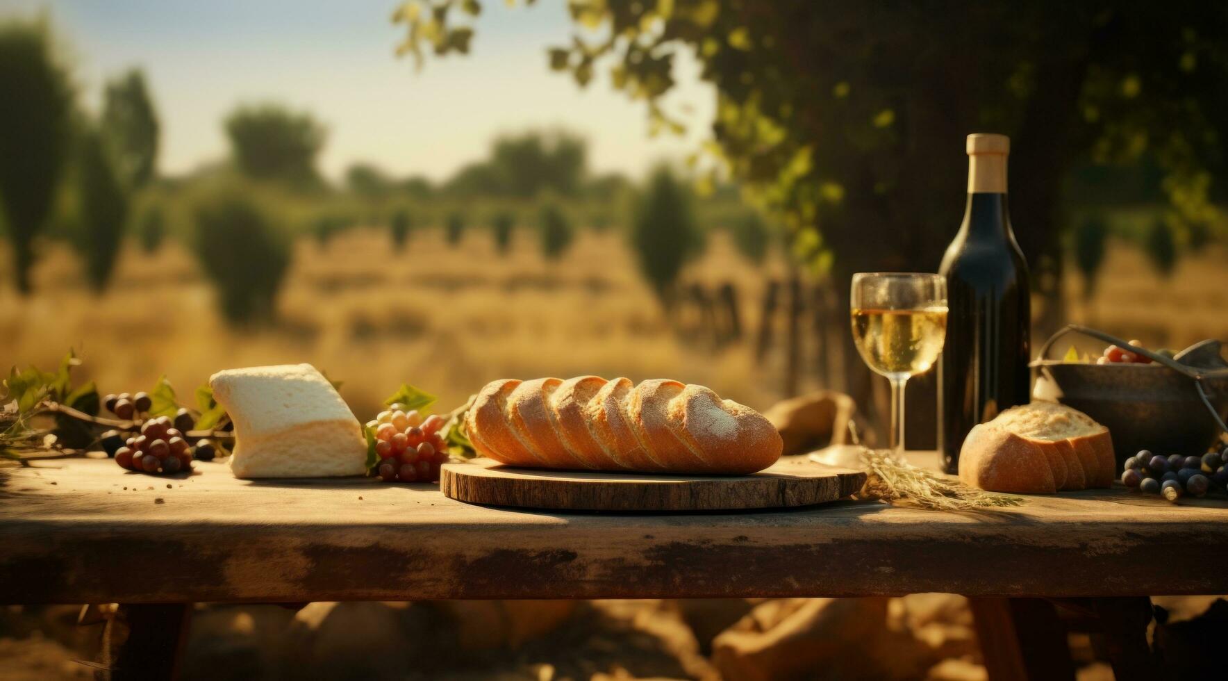 AI generated picnic table at the countryside with wine and bread, photo