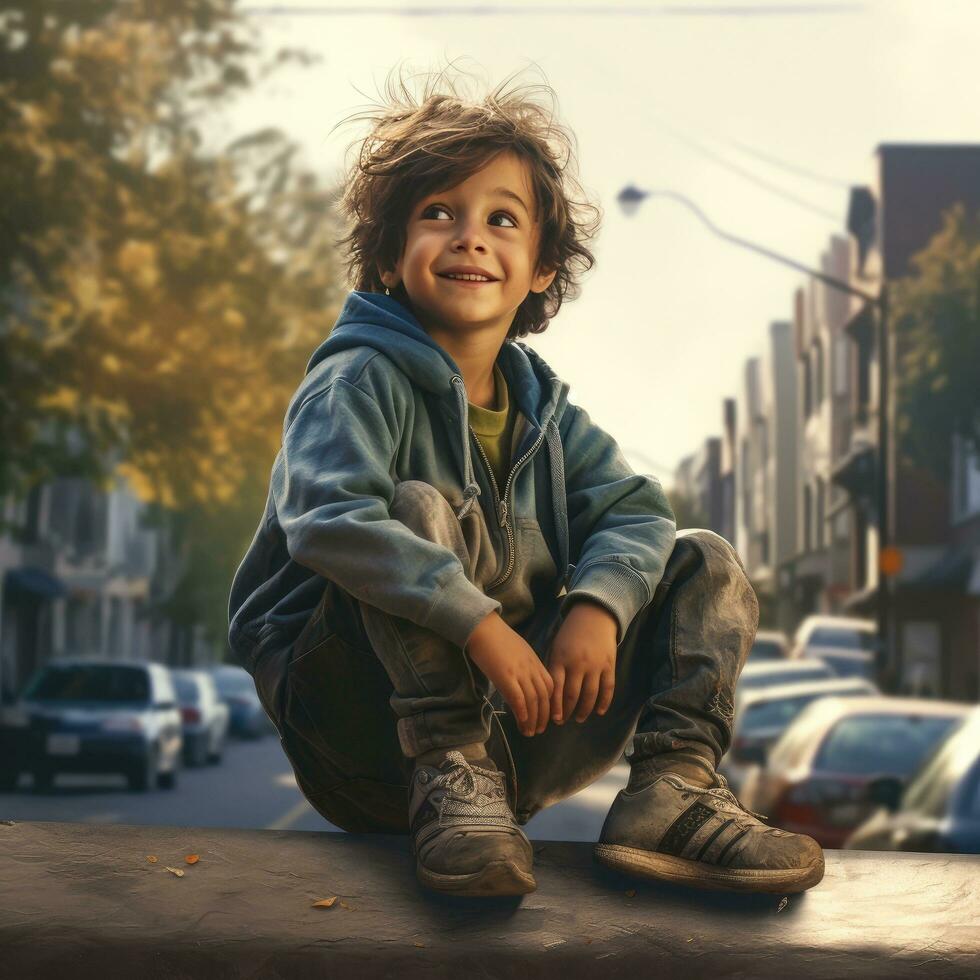AI generated child sitting on curb in city photo