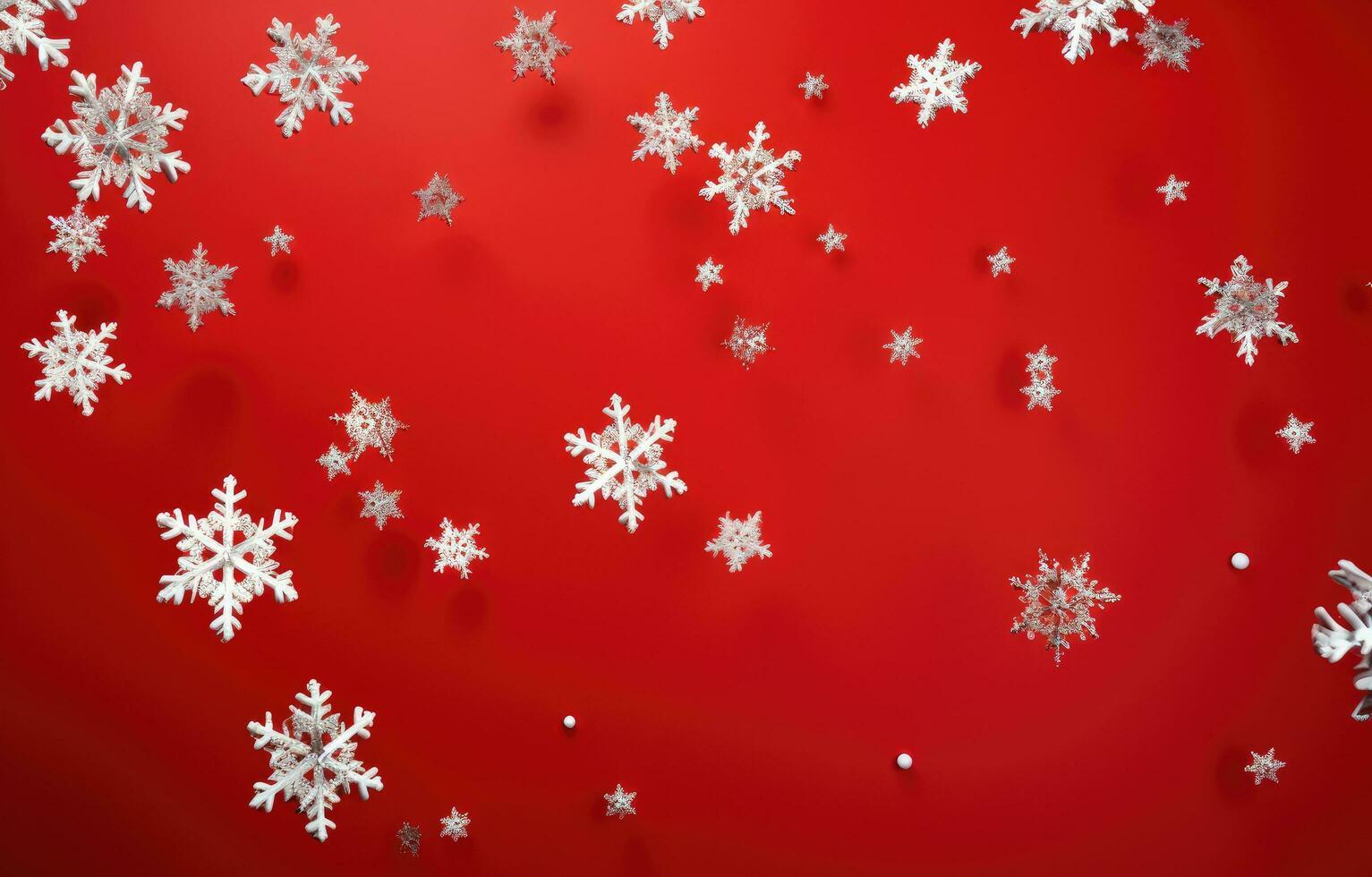 AI generated christmas snowflakes falling in red background with white snowflakes falling, photo